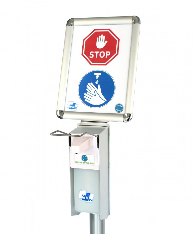 DESI-HYG Desinfektionsmittelständer Aluminium Desinfektionsmittelspender Desinfektionssäule Hygienestation - im Detail mit Schild