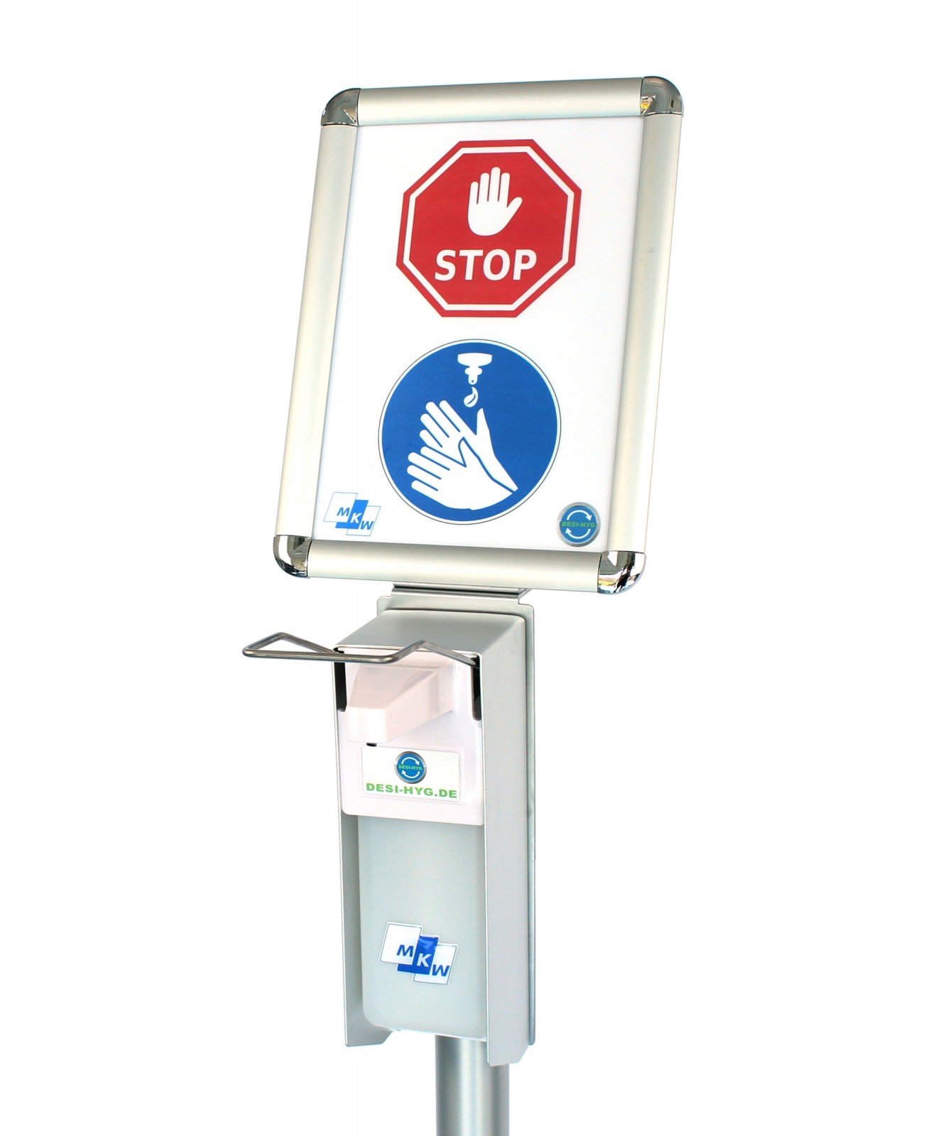 DESI-HYG Desinfektionsmittelständer Aluminium Desinfektionsmittelspender Desinfektionssäule Hygienestation - im Detail mit Schild